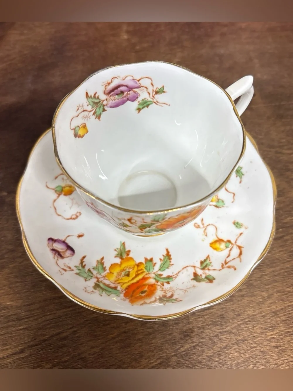 Royal Albert White Teacup and Saucer with Orange, Yellow, Pink Floral Design